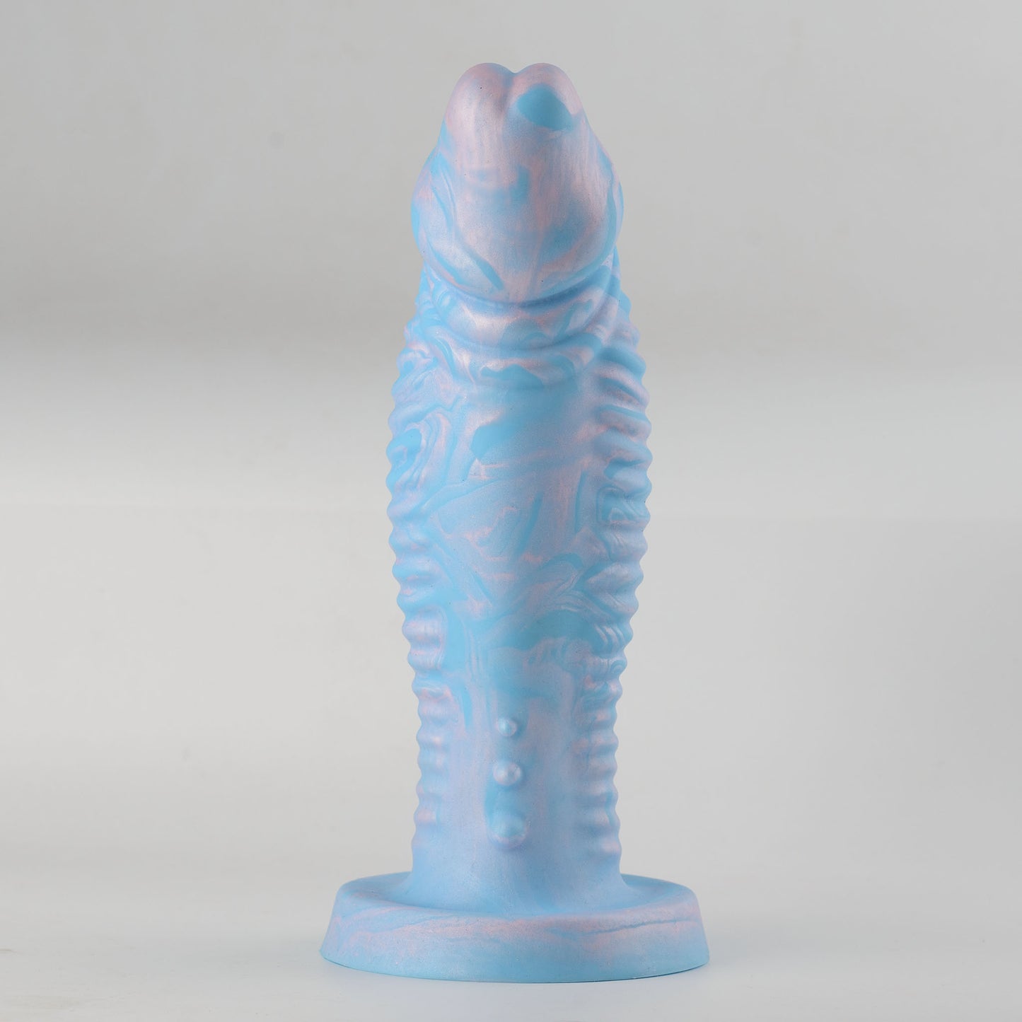 Leviathan Fantasy Collection silicone dildo - full front view standing on flat round base showing sky blue and pink-purple marble swirl colorway with fantasy forked tip, dense horizontal rib ring texture along full shaft length - no-scrotum design - body-safe platinum-cured single-density silicone | RealTouch Lab
