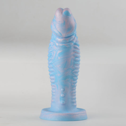 Leviathan Fantasy Collection silicone dildo - full front view standing on flat round base showing sky blue and pink-purple marble swirl colorway with fantasy forked tip, dense horizontal rib ring texture along full shaft length - no-scrotum design - body-safe platinum-cured single-density silicone | RealTouch Lab
