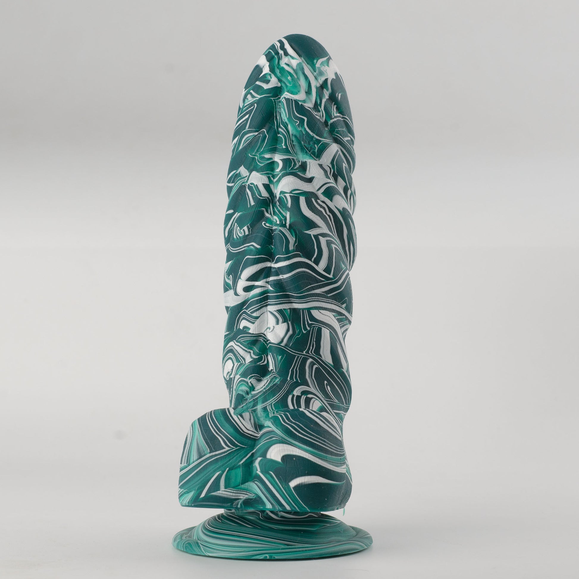 Griffin Fantasy Collection silicone dildo - front view standing on suction cup base showing teal and white marble swirl colorway, fantasy rounded tip, pronounced mid-shaft knot bulge with tapered shaft above and below creating distinctive fantasy shape - body-safe platinum-cured single-density silicone | RealTouch Lab
