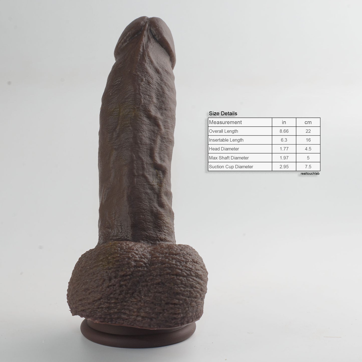 Stage 03 Giganotosaurus dual-density silicone dildo - front view from base with size reference chart showing product dimensions - body-safe platinum-cured dark brown colorway | RealTouch Lab
