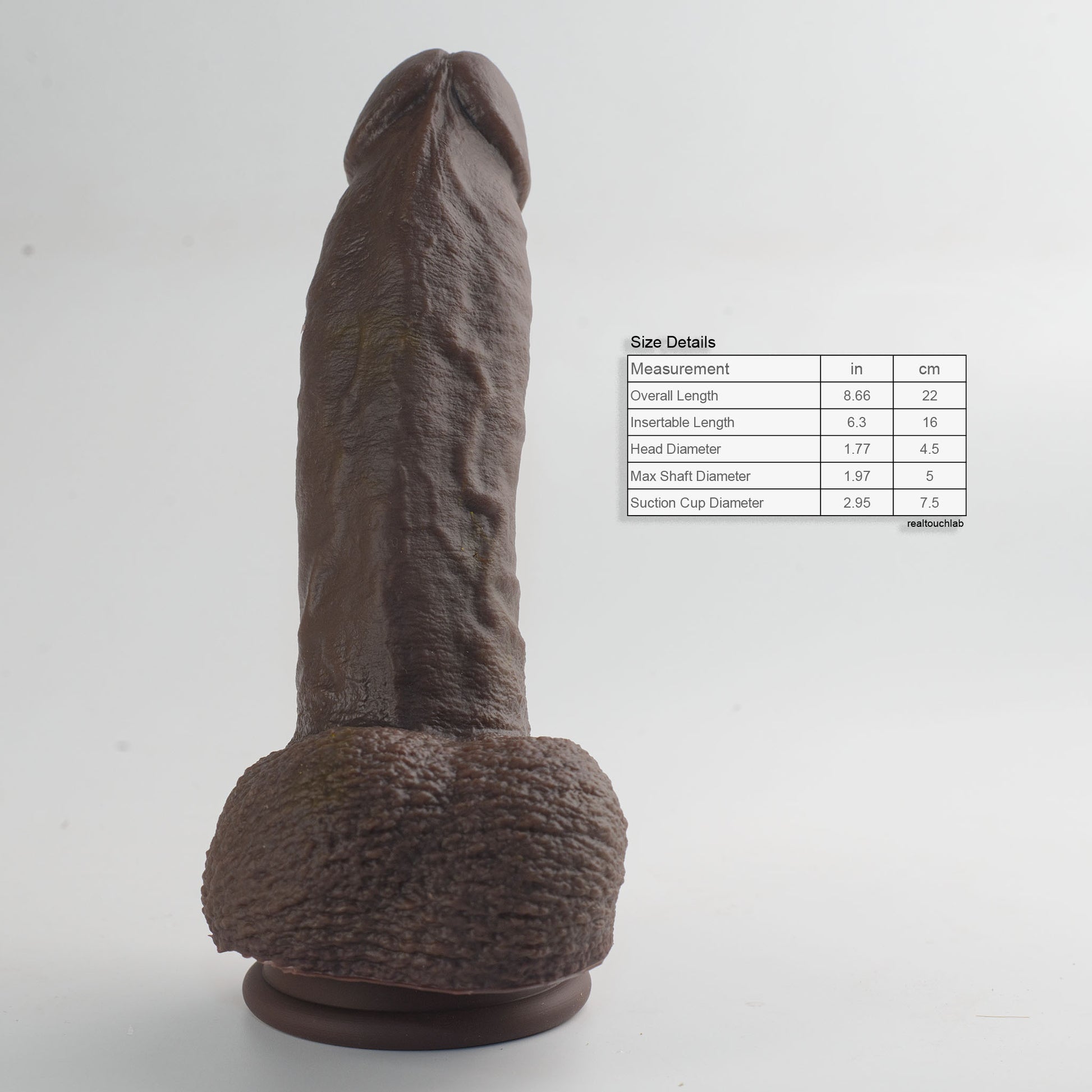 Stage 03 Giganotosaurus dual-density silicone dildo - front view from base with size reference chart showing product dimensions - body-safe platinum-cured dark brown colorway | RealTouch Lab

