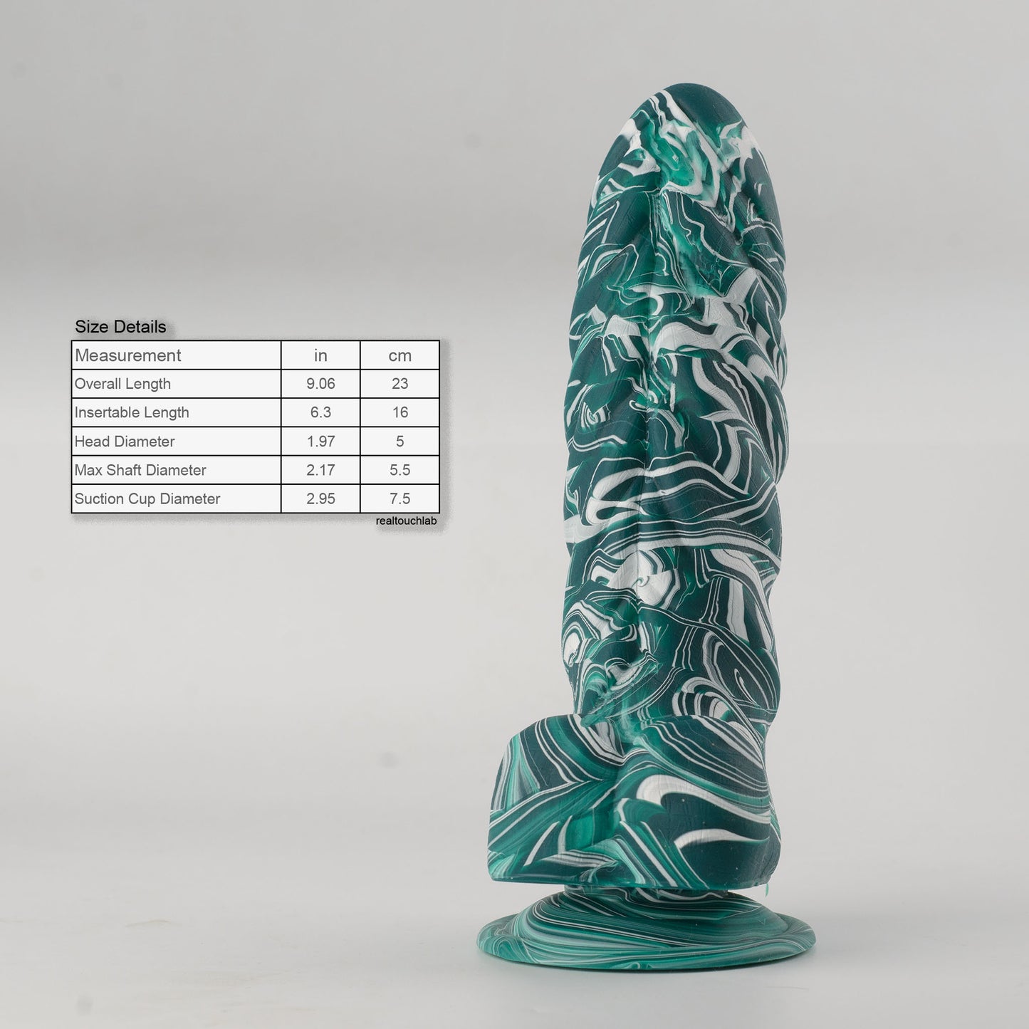 Griffin Fantasy Collection silicone dildo - side view with size chart: overall length 9.06in/23cm, insertable length 6.3in/16cm, head diameter 1.97in/5cm, max shaft diameter 2.17in/5.5cm, suction cup diameter 2.95in/7.5cm - teal and white marble swirl colorway - body-safe platinum-cured single-density silicone | RealTouch Lab
