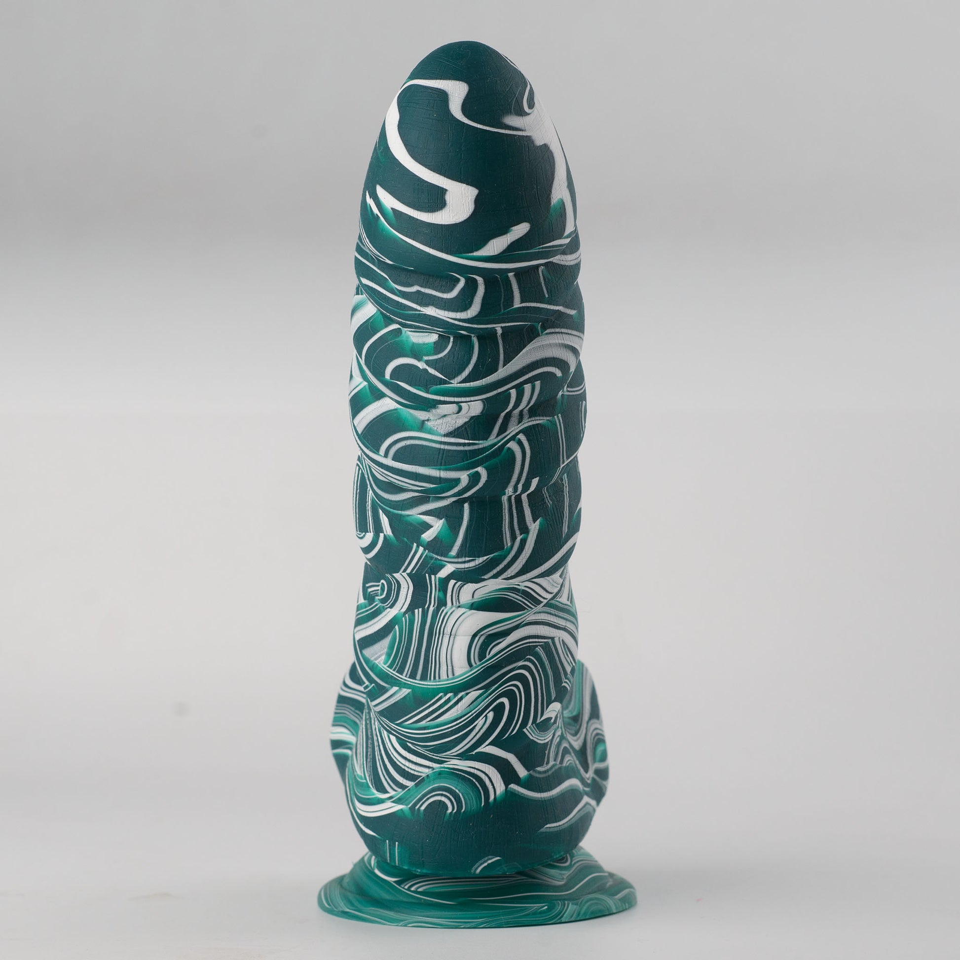 Griffin Fantasy Collection silicone dildo - full front view standing on suction cup base showing teal and white marble swirl colorway with fantasy rounded tip, ribbed shaft texture and flared base - no-scrotum design - body-safe platinum-cured single-density silicone | RealTouch Lab
