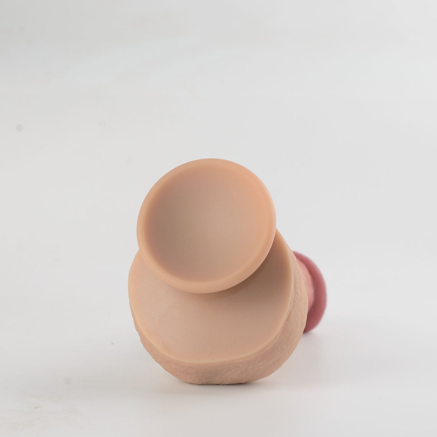 Stage 05 Carnotaurus dual-density silicone dildo with Velvet Shield Coating - top-down view of inverted suction cup base showing 2.36in/6cm diameter smooth cavity for strong hands-free surface adhesion - natural skin-tone suction cup with deep pink scrotum visible in background - body-safe platinum-cured | RealTouch Lab
