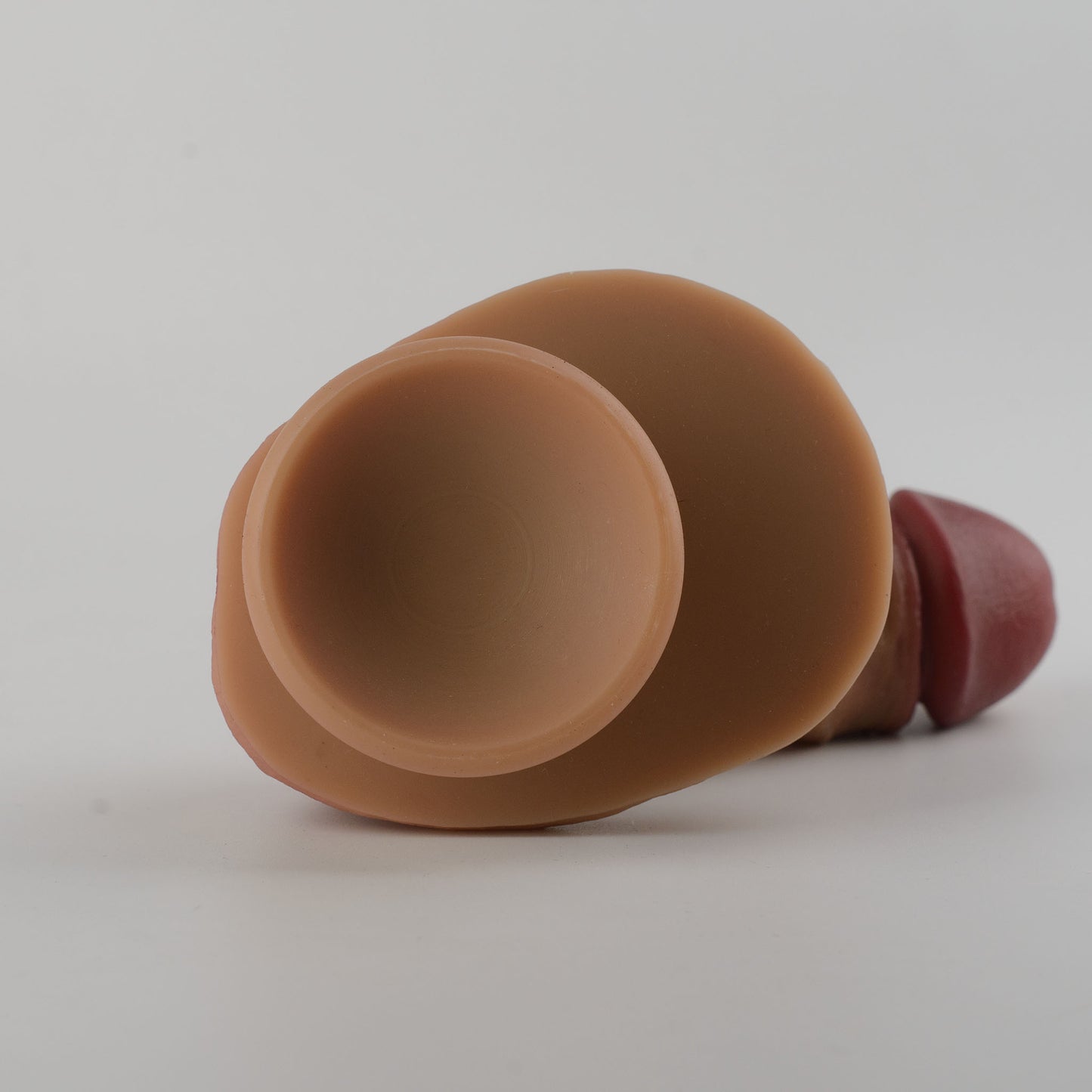 Stage 04 Ossifying Dragon hand-painted silicone dildo - low-angle front view of suction cup base showing wide 2.36in/6cm diameter cavity for strong surface adhesion - warm brown and deep red hand-painted colorway - body-safe platinum-cured | RealTouch Lab
