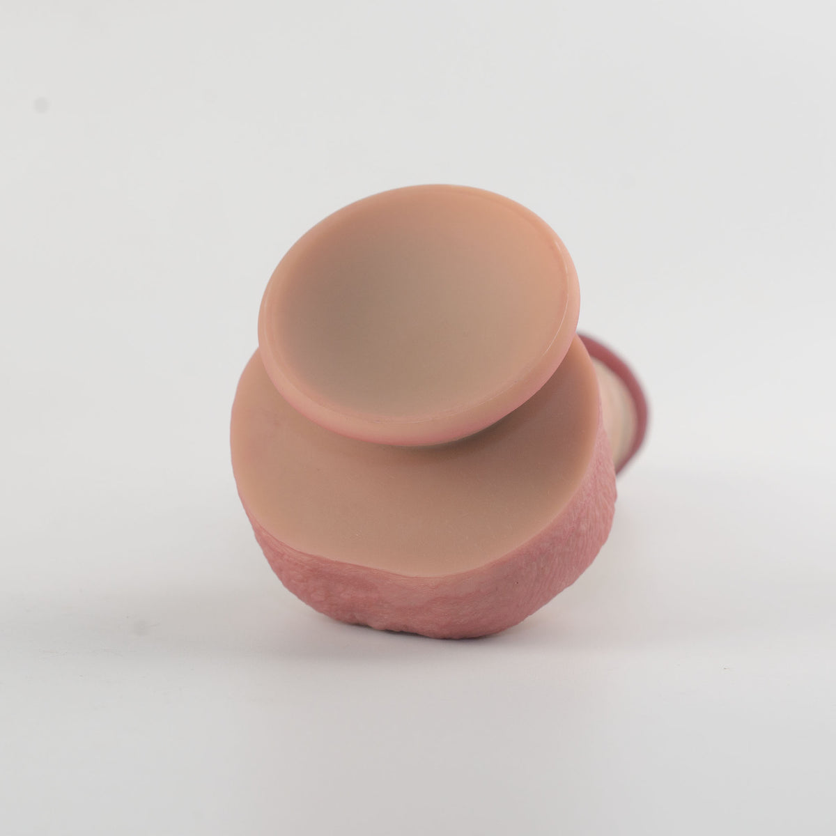 
Stage 04 Velociraptor hand-painted silicone dildo - top-down view of inverted suction cup base showing 2.36in/6cm diameter smooth cavity for strong hands-free surface adhesion - natural skin-tone and deep red scrotum surround visible - body-safe platinum-cured | RealTouch Lab
