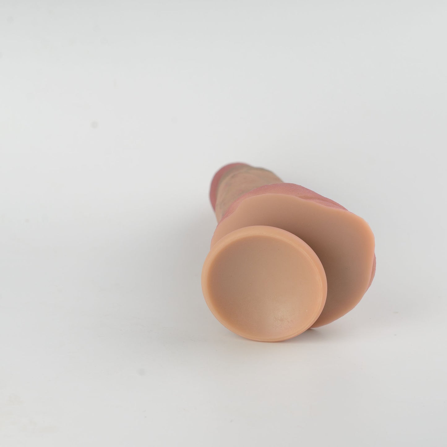 Stage 05 Brontosaurus dual-density silicone dildo with Velvet Shield Coating - side-angled view of product lying flat showing smooth natural skin-tone suction cup base cavity, full scrotum and deep pink glans visible in background - 2.36in/6cm diameter suction cup for strong hands-free surface adhesion - body-safe platinum-cured | RealTouch Lab
